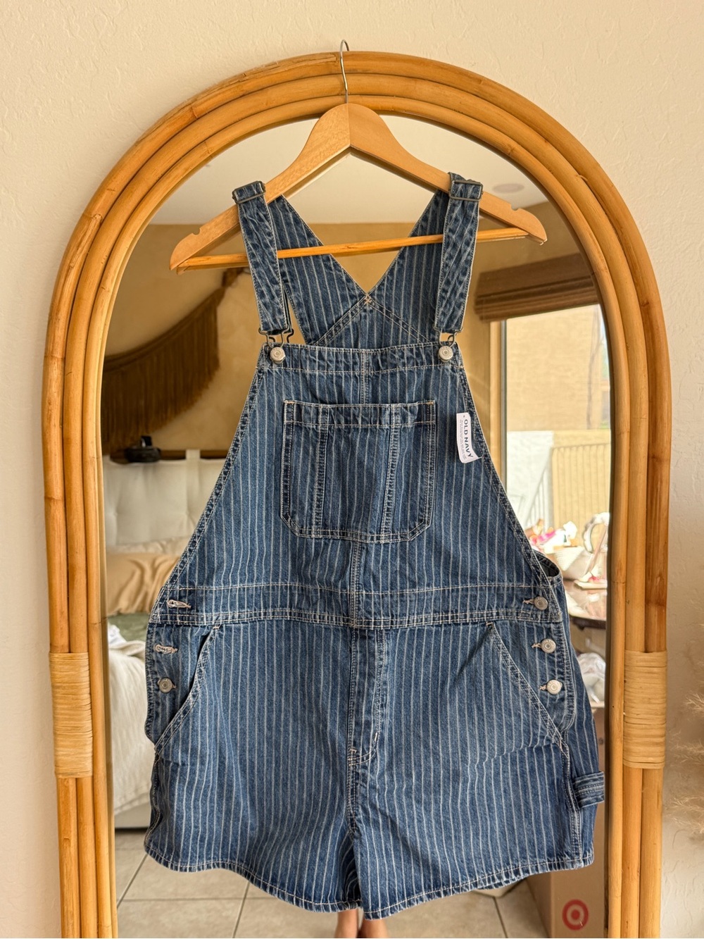 Old Navy Blue Pinstriped Denim Short Overalls